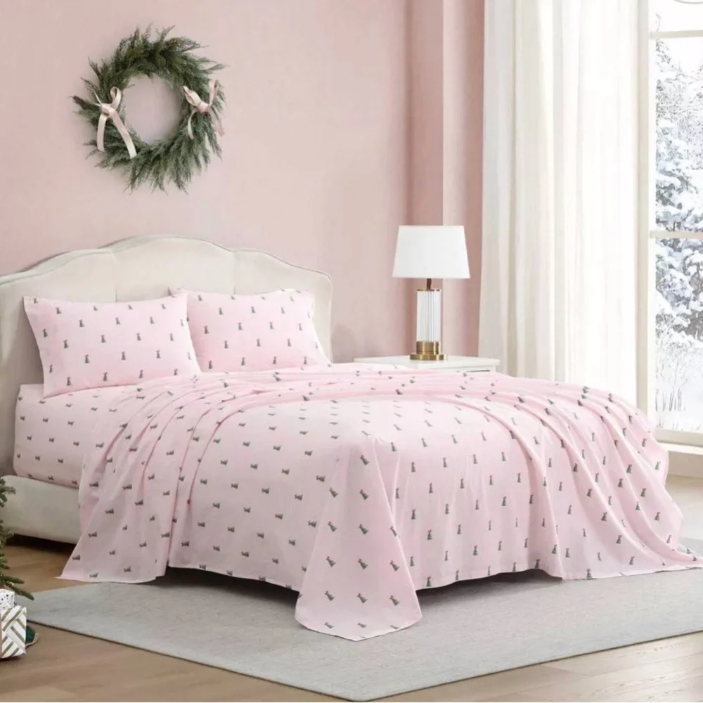 HTF Pink Gingham 4 Pc Laura Ashley Queen Trees & Pink Bows Sheets Viral Style